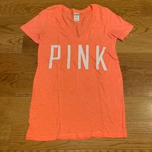 PINK Neon Orange V-Neck Tee Shirt Size S 🌟